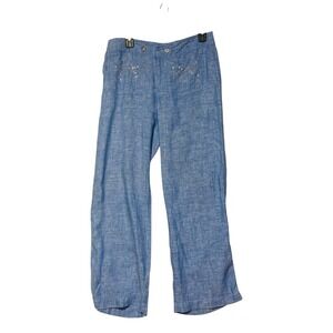 INC International Concepts Blue 100% Linen Wide Leg Pants Embellished 8P Petite